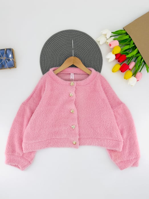 350-1 Yumoş Kumaş Kız Çocuk Kalp Düğmeli Krop Hırka-PEMBE