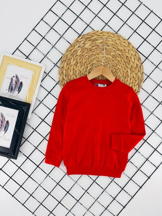 3500 İki İplik Düz Renk Unisex Penye Sweat-KIRMIZI