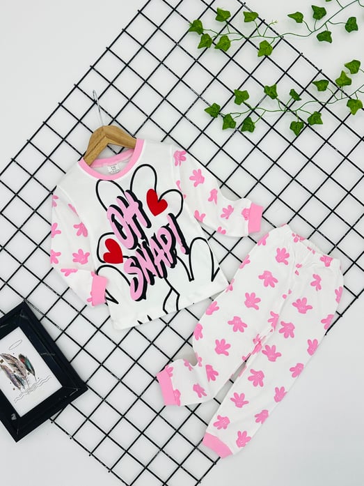 3535 Eldiven Baskılı Kız Çocuk Penye Pijama Takım-PEMBE