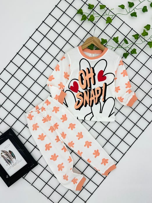 3535 Eldiven Baskılı Kız Çocuk Penye Pijama Takım-SOMON