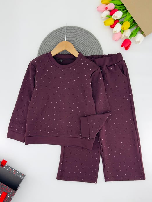 3556-1 Yuvarlak Yaka Serpme Taş Baskılı Kız Çocuk Oysho Kumaş Takım-BORDO