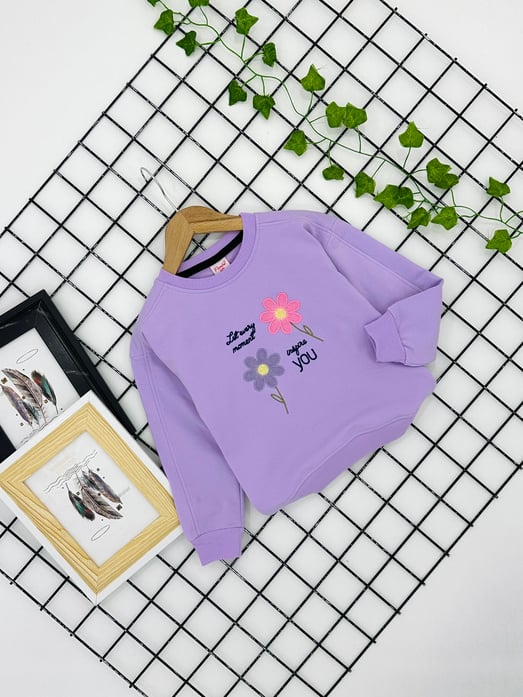 3766 You Çiçek Nakışlı Kız Çocuk Sweat-LİLA