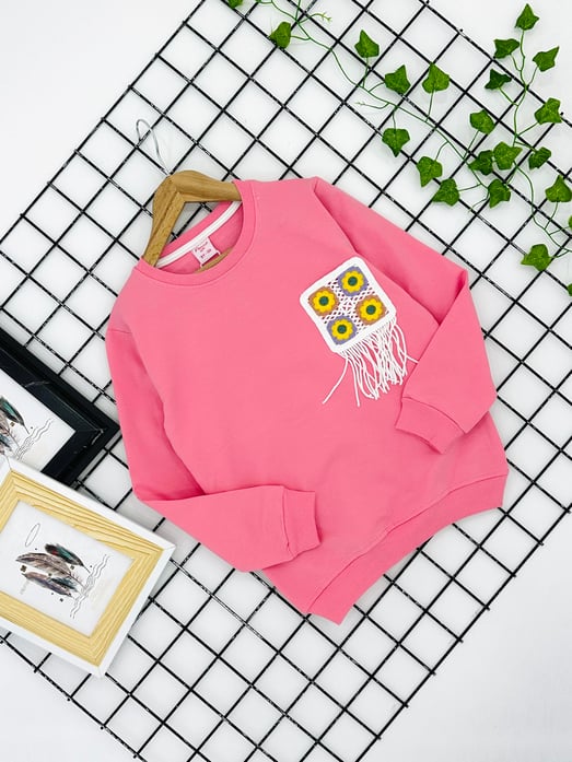 3771 Dört Çiçek Nakışlı Cepli Kız Çocuk Sweat-PEMBE