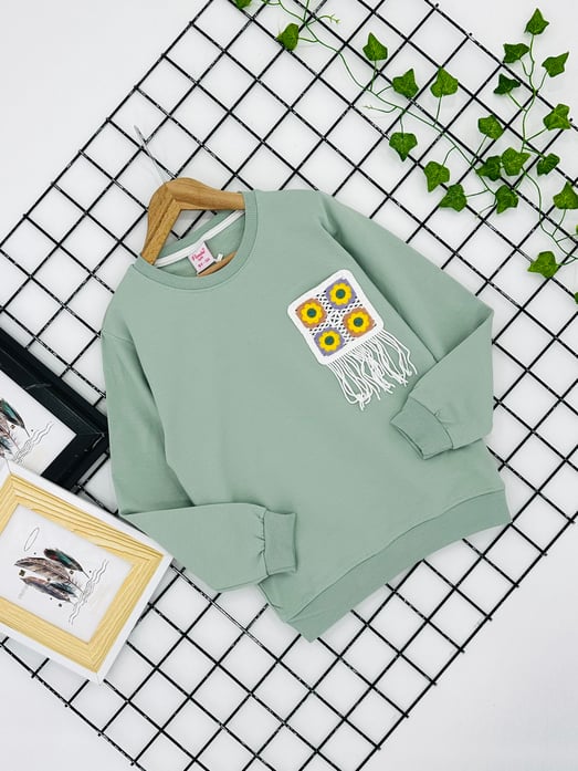 3771 Dört Çiçek Nakışlı Cepli Kız Çocuk Sweat-YEŞİL