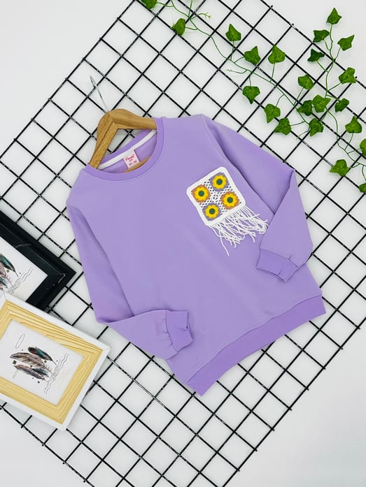 3771 Dört Çiçek Nakışlı Cepli Kız Çocuk Sweat-LİLA