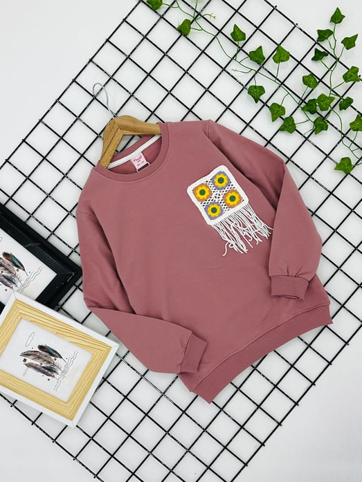 3771 Dört Çiçek Nakışlı Cepli Kız Çocuk Sweat-GÜL KURUSU