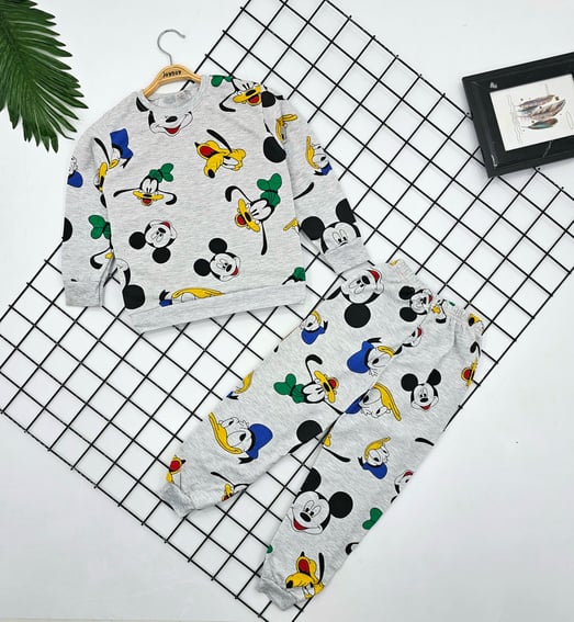 3807 Ördek Baskılı Erkek Pijama Takımı (3-7 Yaş)-GRİ