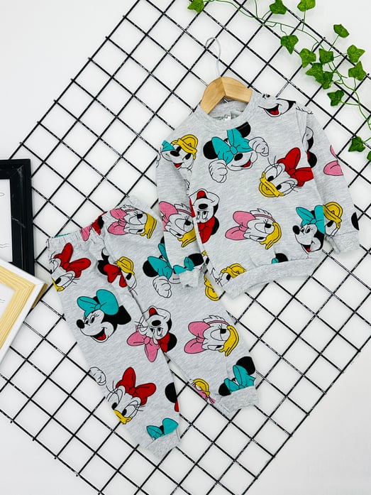 3813 Büyük Daffy Duck Baskılı Kız Pijama Takımı-GRİ