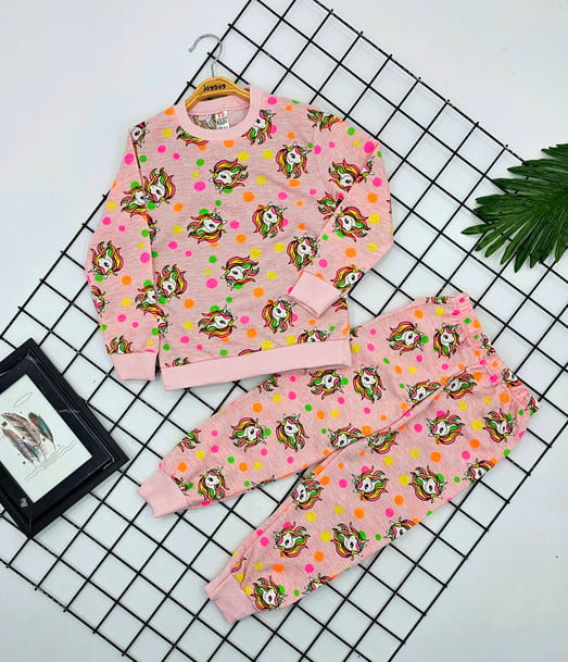 3814 Noktalı Unicorn Baskılı Kız Pijama Takımı (3-7 Yaş)-PEMBE