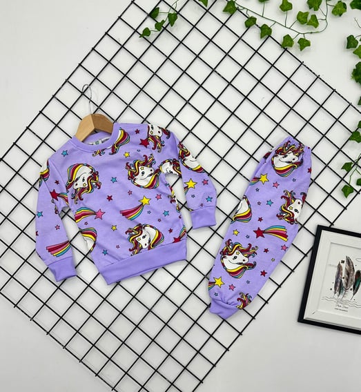 3820 Boynuzlu Unicorn Baskılı Kız Pijama Takımı-LİLA