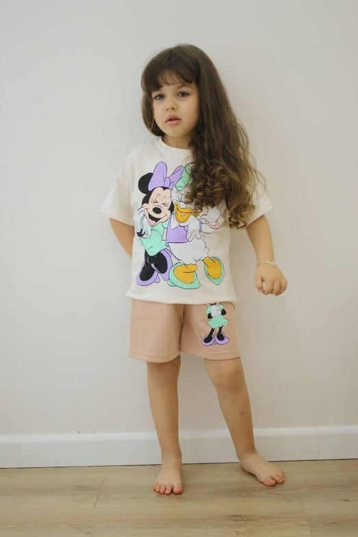 3851 Minnie Daisy Baskılı Şortlu Kız Çocuk Takım-BEYAZ