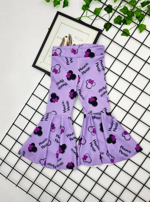 41147 Minnie Mouse Baskılı İspanyol Paça Fitilli Kumaş Mevsimlik Tayt (3-8 Yaş)-LİLA