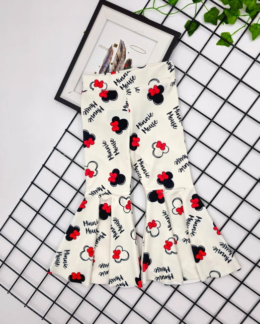 41147 Minnie Mouse Baskılı İspanyol Paça Fitilli Kumaş Mevsimlik Tayt (3-8 Yaş)-KREM