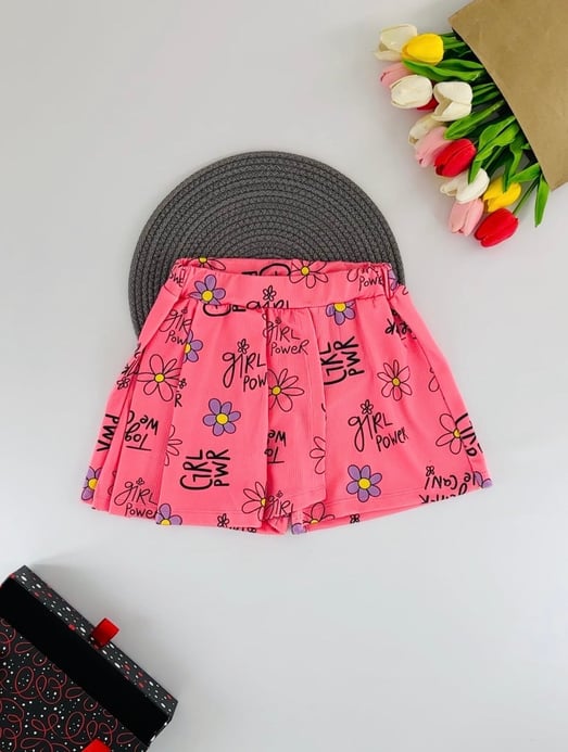 41154-5 Girly Yazılı Çiçek Baskılı Kız Çocuk Şort Etek-FUŞYA