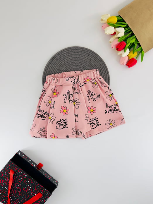 41154-5 Girly Yazılı Çiçek Baskılı Kız Çocuk Şort Etek-PEMBE
