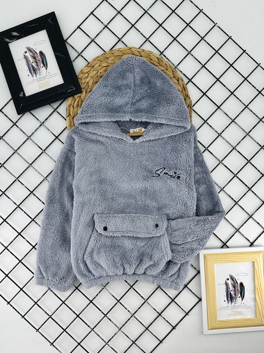 413720 önü Cep Detaylı Smıle Yazılı Unısex Peluş Sweat-GRİ