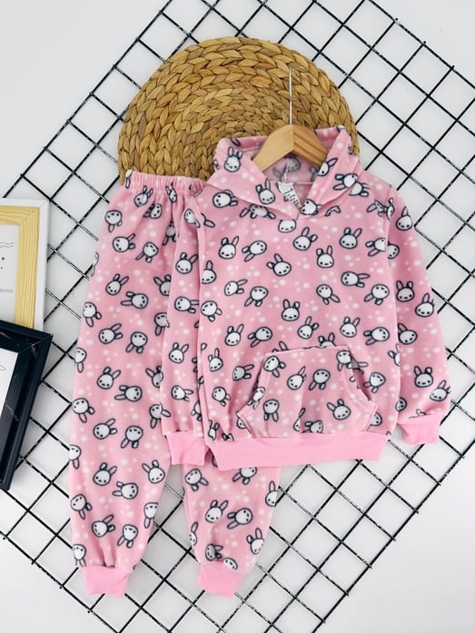4200-1 Tavşan Desenli Kapşonlu Kız Çocuk Polar Pijama Takımı-PEMBE