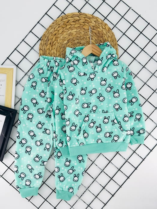 4200-1 Tavşan Desenli Kapşonlu Kız Çocuk Polar Pijama Takımı-YEŞİL