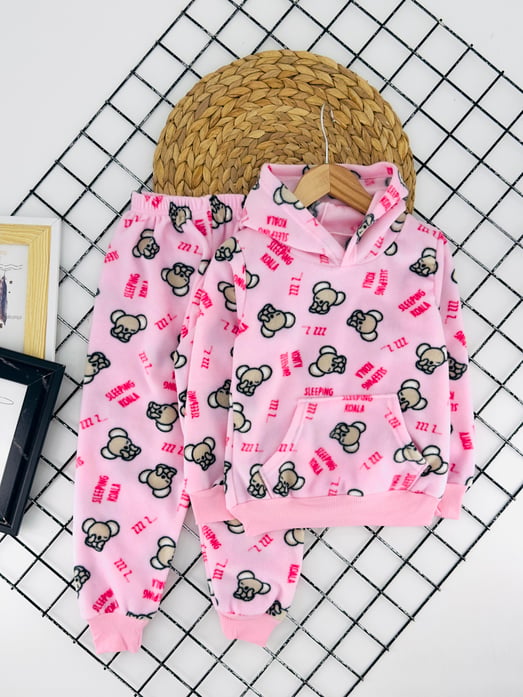 4200-2 Koala Desenli Kapşonlu Kız Çocuk Polar Pijama Takımı-PEMBE