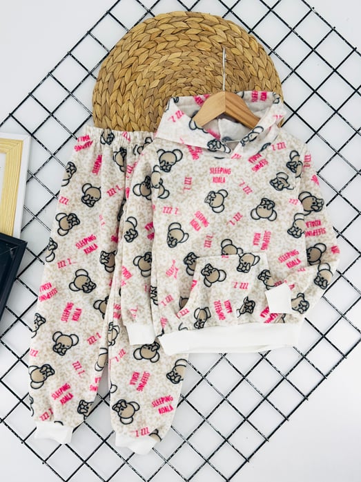 4200-2 Koala Desenli Kapşonlu Kız Çocuk Polar Pijama Takımı-KREM