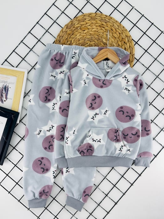 4200-4 Yıldız Desenli Kapşonlu Kız Çocuk Polar Pijama Takımı-GRİ