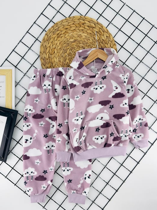 4200-5 Bulut Desenli Kapşonlu Kız Çocuk Polar Pijama Takımı-LİLA