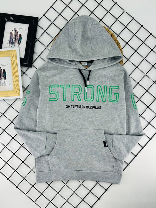 424511 Strong Yazılı Kanguru Cepli Erkek Çocuk İki İp Sweat-GRİ