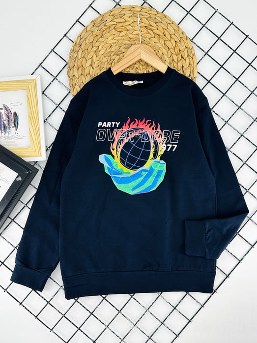 424619 Top Ateş Baskılı İki İplik Şardonlu Erkek Çocuk Sweat-LACİVERT