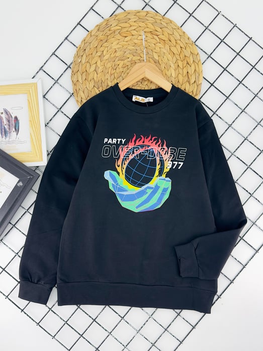 424619 Top Ateş Baskılı İki İplik Şardonlu Erkek Çocuk Sweat-SİYAH