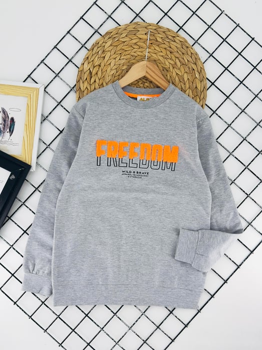 424704 Fredoom Yazılı Baskılı İki İplik Şardonlu Erkek Çocuk Sweat-GRİ