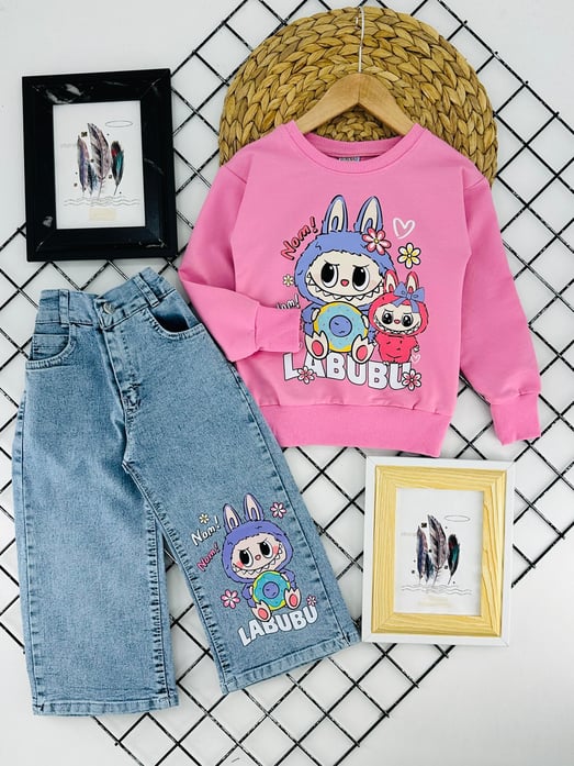 4874 Nom Lbb Baskılı Kız Çocuk Kot Pantolonlu Takım-PEMBE