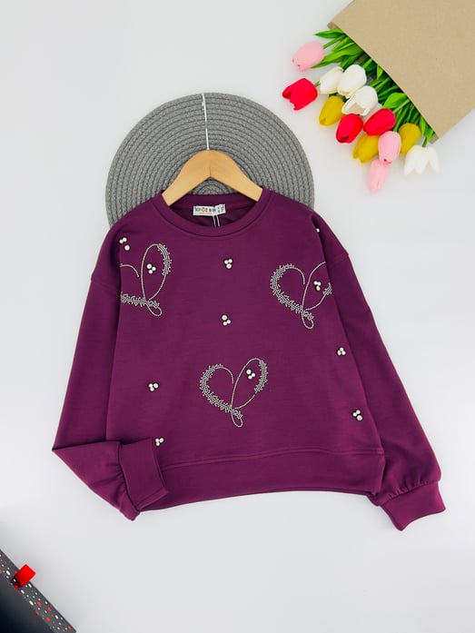 489-1 Kalpli Boncuklu Kız Çocuk Oysho Kumaş Sweat-BORDO