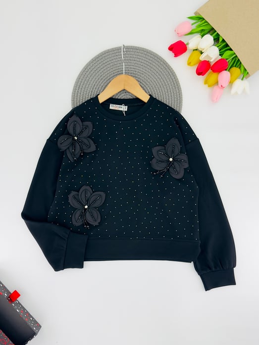492 Taşlı Çiçek Detaylı Kız Çocuk Oysho Kumaş Sweat-SİYAH