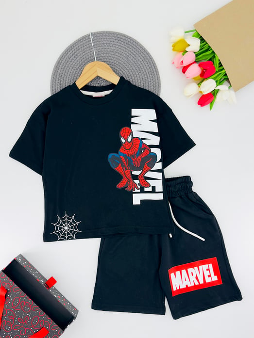 50067 Marvel Yazılı Spdm Baskılı Erkek Çocuk Penye Şortlu Takım-SİYAH