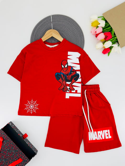 50067 Marvel Yazılı Spdm Baskılı Erkek Çocuk Penye Şortlu Takım-KIRMIZI