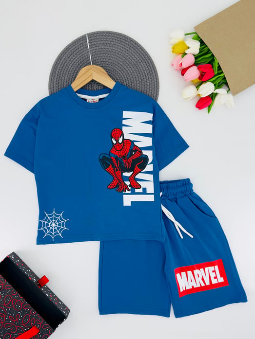 50067 Marvel Yazılı Spdm Baskılı Erkek Çocuk Penye Şortlu Takım-MAVİ