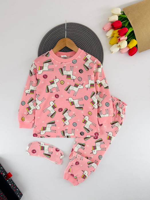 5010-1 Uncrn Baskılı Kız Çocuk Bandanalı Pijama Takımı-PEMBE