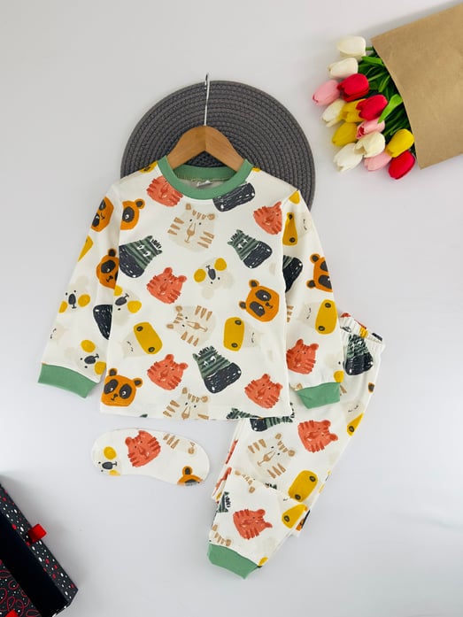 5010-3 Sevimli Hayvan Baskılı Erkek Çocuk Bandanalı Pijama Takımı-BEYAZ