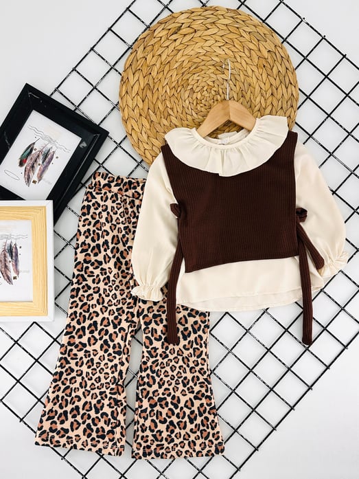 5106-1 Leopar Pantolonlu Gömlekli Süveterli Kız Çocuk 3 Lü Takım-KAHVE