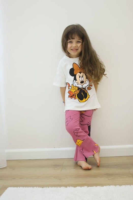 5134 Minnie Yaprak Baskılı Kız Çocuk Taytlı Takım-BEYAZ
