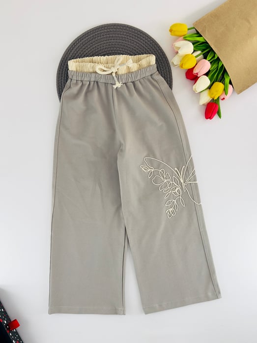 51544 Yanı İp Kelebek İşlemeli Kız Çocuk Bol Paça Pantolon-GRİ