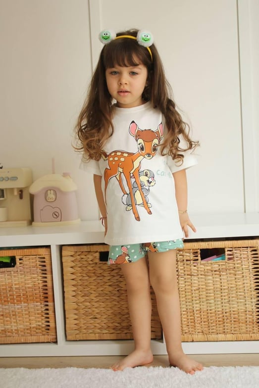5163 Cute As Can Be Baskılı Kız Çocuk Şortlu Takım-YEŞİL