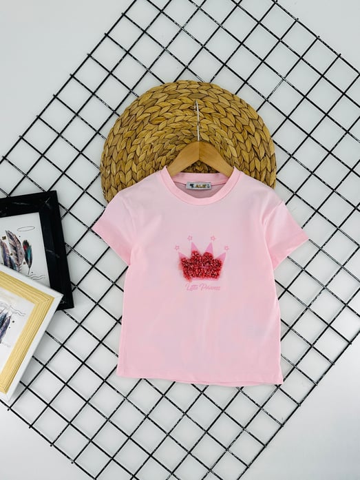 5254098 Little Prıncess Nakışlı Baskılı Kız Çocuk Penye Tişört-TOZ PEMBE