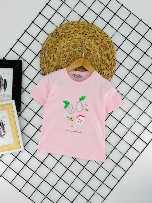 5254116 Ananas Gülücük Baskılı Kız Çocuk Penye Tişört-TOZ PEMBE