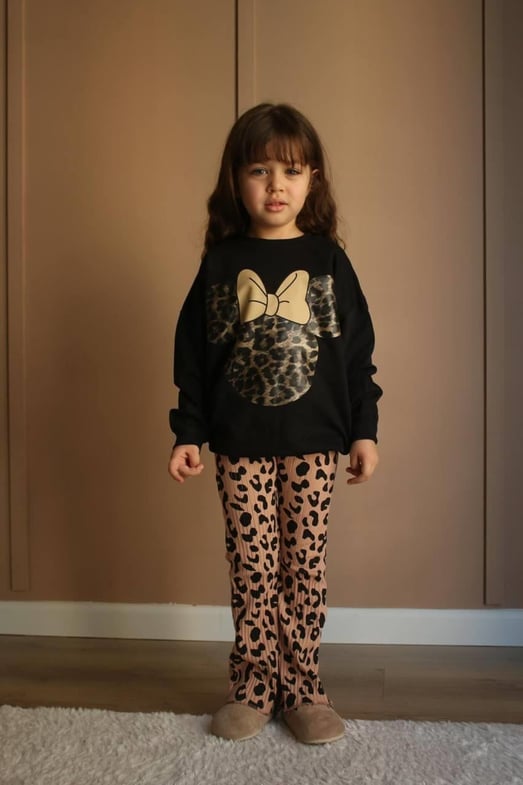 5672 Leopar Desen Mıckey Baskılı Erkek Çocuk İki İplik Penye Takım-SİYAH