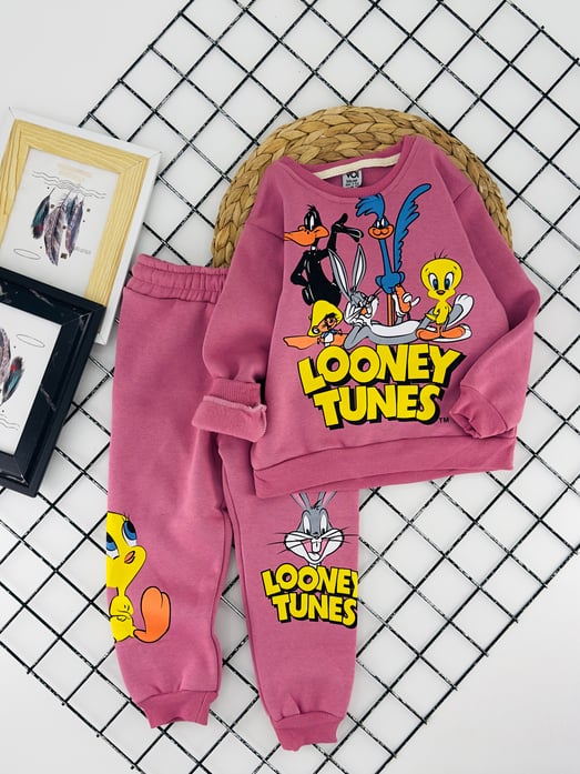 57135 Loney Tunes Karakter Baskılı Kız Çocuk Üç İplik Şardonlu Takım-GÜL KURUSU