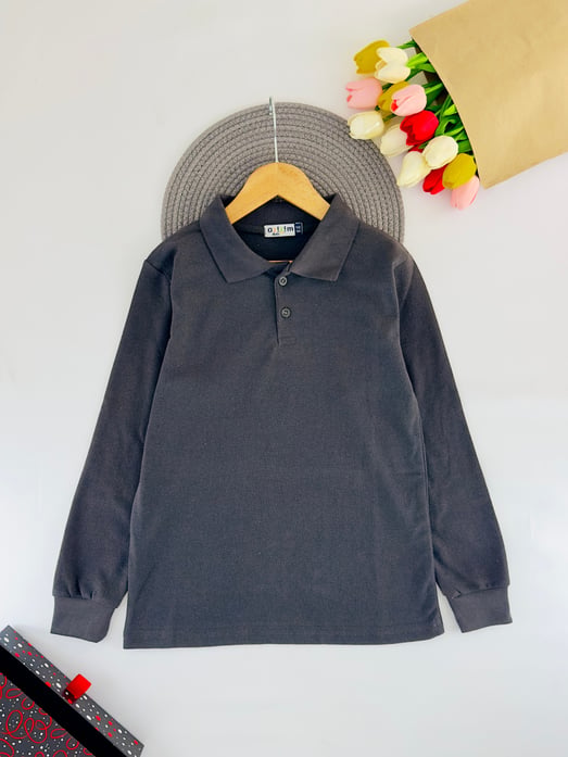 5900 Yakalı Lacost Kumaş Uzun Kol Çocuk Sweat-FÜME