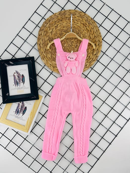 6021 Ayıcık Oyuncaklı Unısex Triko Örgü Tulum-PEMBE
