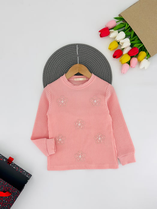 6088 Çiçek Taş Detaylı Kız Çocuk Fitilli Kumaş Bady-PEMBE