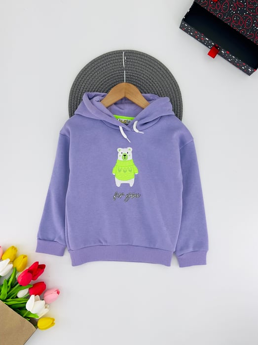 623625 Önü Ayıcık Detaylı Kapşonlu Üç İp Kız Çocuk Sweat-LİLA